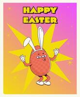 Trendy Groovy retro 70s Easter web banner with quirky Easter eggs in bunny ears and happy easter inscription. Whimsical old vintage cartoon characters and elements. vector