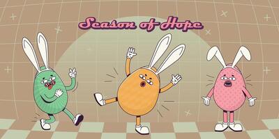 Trendy Groovy retro 70s Easter web banner with quirky Easter eggs in bunny ears and season of hope lettering. Quirky old vintage cartoon characters and elements. vector