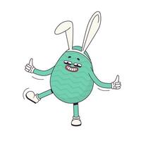 Groovy cartoon character egg with bunny ears. Flat illustration of a walking character wearing gloves vector