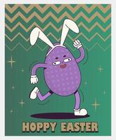 Trendy Groovy retro 70s Easter web banner with quirky Easter eggs in bunny ears and Hoppy Easter inscription. Whimsical old vintage cartoon characters and elements. vector