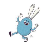 Retro cartoon character egg with bunny ears. Flat illustration of a walking character wearing gloves vector