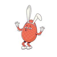 Groovy cartoon character easter egg with bunny ears. Flat illustration of a walking character wearing gloves vector