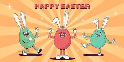 Trendy Groovy retro 70's Easter web banner with whimsical Easter eggs in bunny ears and happy Easter caption. Quirky old vintage cartoon characters and elements. vector