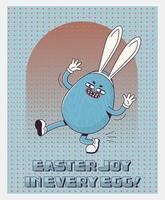 Trendy Groovy retro 70s easter posters with Gloved egg in bunny ears and inscription easter joy in every egg. Funky old vintage cartoon characters and elements. vector