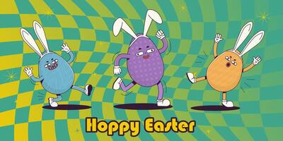 Trendy Groovy retro 70's Easter web banner with fancy Easter eggs in bunny ears and hoppy Easter caption. Quirky old vintage cartoon characters and elements. vector