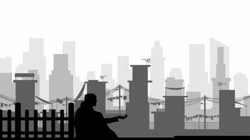 Illustration of poverty issue with a beggar in the street of slum. Illustration of social issue with slum building and homeless. Skyline cityscape contrast with slum building of poor people vector