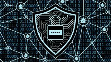 Illustration of cyber security with encrypted network connection. Illustration of digital security with password for virus protection. Digital shield of data lines connection and binary code vector