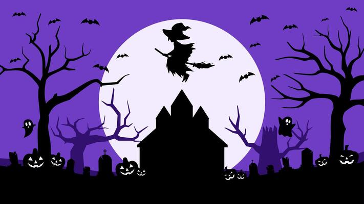 Illustration of Halloween landscape in the cemetery with flying witch. Illustration of spooky graveyard with dead trees for trick or treat. Haunted house of witch with pumpkin, ghost and bats
