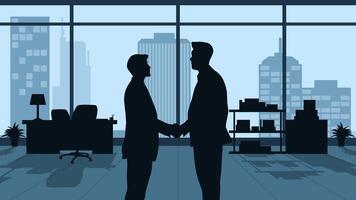 Illustration of a partnership handshake between two businessmen. Illustration of business negotiation about company collaboration. Office room with two people dealing with a teamwork agreement vector