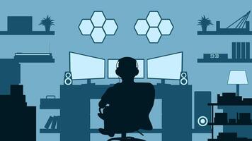 Illustration of a gamer playing games in the gaming room. Illustration of hobby with room and interior for gaming setup. Room with computer, monitor, audio and game equipment vector