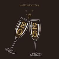 A sophisticated graphic design featuring two champagne flutes in a celebratory toast, set against a dark background with gold accents and the year 2026. vector