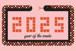 2025 year of the snake cool design for chinese new year celebration. Decorative template with snake and space for text in pixel style. vector