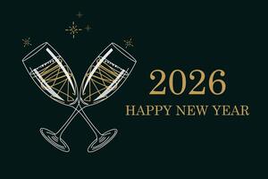 Elegant champagne flutes clinking in a celebratory toast against a dark navy backdrop, adorned with the year 2026 and Happy New Year greeting. Perfect for cards. vector