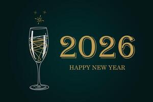 A minimalist design celebrating the New Year, featuring a glass of champagne with sparkling bubbles and a stylized 2026 in elegant gold typography. vector
