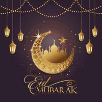 Eid Mubarak calligraphy and typography on an elegant Islamic design featuring a moon and mosque against a dark background a 3D modern holiday Greeting card and poster template. vector