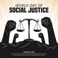 World Day Of Social Justice with raised fist and balance scale vector
