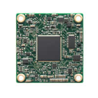 Circuit board with central chip and various electronic components, showcasing intricate connections and compact design. Ideal for technology and engineering themes png
