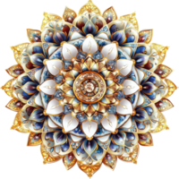 Intricate mandala design featuring gold accents and vibrant multi colored layers, creating stunning visual effect that captivates viewer attention png