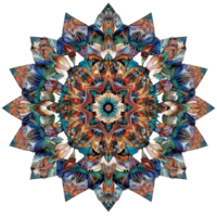 Bold mandala design featuring bright jewel tones and intricate patterns, creating mesmerizing visual effect. swirling shapes evoke sense of harmony and balance png
