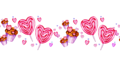 seamless border of valentine day theme with different watercolor hearts, candy, sweets and muffins, hand draw illustration, pink and lilac color board for Valentine day's party decoration, cards png