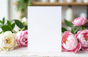 Greeting frame mockup, white paper sheet on table with delicate pink peonies on flower shop background, empty card, copy space for congratulation text, festive seasonal template photo