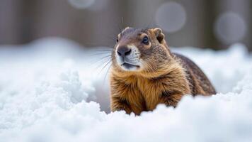 Cute funny marmot in a snowy forest. A groundhog predicting the weather crawled out of its hole in February photo