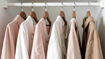 Row of neatly hung beige and white clothes on hangers in a modern bright walk-in closet. Fashion, space organization. Basic elegant clothes for every day photo