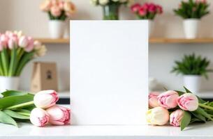 Greeting frame mockup, white paper sheet on table with delicate pink and white tulips on flower shop background, empty card, copy space for congratulation text, festive seasonal template photo