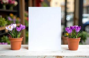 Greeting frame mockup, white paper sheet on table with spring purple crocus flowers in a pot on street flower shop background, empty card, copy space for congratulation text, festive seasonal template photo