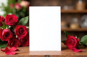 Layout of card with a bouquet of red roses on wooden table and a white blank sheet of paper for the text of a congratulation or holiday message. Mockup for Valentine's Day, Women's Day or Mother's Day photo
