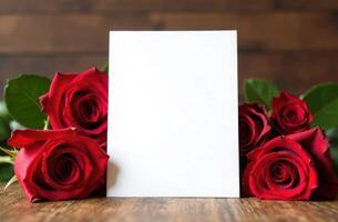 Greeting frame mockup, white paper sheet on table with red roses on flower shop background, empty card, space for congratulation text, festive seasonal template, copy space photo