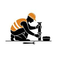 Construction Worker Installing Piping, Focus on Precision. vector