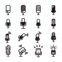 black silhouette of microphone set - microphone set with lightning and connection sign for broadcast or podcast - silhouette microphone set logo or icon isolated on white vector