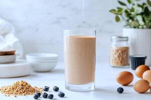 A close up of egg protein powder mixing into a smoothie, surrounded by fresh ingredients in a sunny kitchen photo