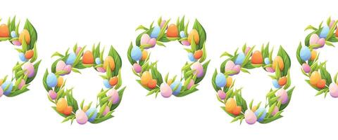 Easter Egg Wreath cartoon Seamless Pattern. festive decorative design with colorful eggs and green leaves, perfect for holiday-themed projects and celebrations, Horizontal ornamental frame vector