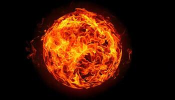 Fiery sphere of plasma glowing intensely with swirling red fire flames on dark background, abstract explosive energy, sci-fi visuals, and futuristic design concept. photo