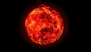Fiery sphere of plasma glowing intensely with swirling red fire flames on dark background, abstract explosive energy, scifi visuals, and futuristic design concept. photo