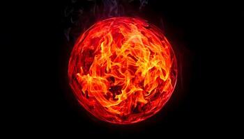 Fiery plasma sphere glowing intensely with swirling red fire flames on dark background, abstract explosive energy, sci-fi visuals, and futuristic design concept. photo