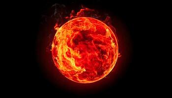 Fiery plasma sphere glowing intensely with swirling red fire flames on dark background, abstract explosive energy, scifi visuals, and futuristic design concept. photo