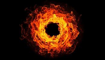Ring of fire, orange red flames swirling dynamically on dark background, powerful, intensity, energy, power dynamic visual branding. photo