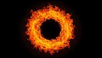 Ring of fire orange red flames swirling dynamically on dark background, powerful, intensity, energy, power dynamic visual branding. photo