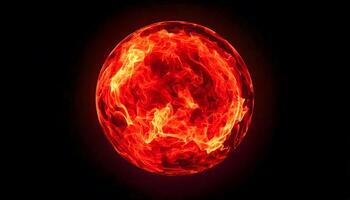 Fiery plasma sphere glowing intensely with swirling red fire flames on dark background, abstract explosive energy, sci-fi visuals, and futuristic design concept photo