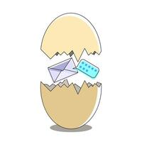 Creative illustration of broken eggs containing letter envelopes and speech bubbles symbolizing the birth of ideas, communication, technology. Ideal for innovation, business and connectivity themes vector