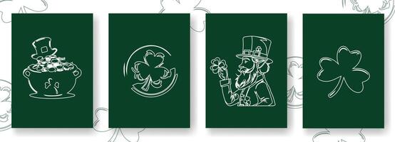 Happy St Patrick's Day Bundling Style includes Leprechaun, Shamrock, Pot, and Coin in green background. vector