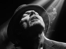 stand up comedian is captured mid performance eyes closed and head tilted back fully immersed in delivering jokes photo