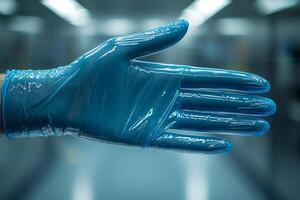 Surgeon's hand wears blue latex glove firmly grasping scalpel. background is clean and minimalist emphasizing focus on surgical precision photo