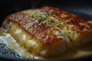 Close up of golden brown quesadilla frying in skillet showcasing crispy edges and gooey cheese filling creating enticing savory appeal in kitchen photo