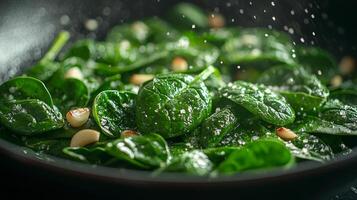 Fresh spinach leaves are sizzling in olive oil minced garlic in skillet creating vibrant flavorful and nutritious dish perfect for any mealtime photo