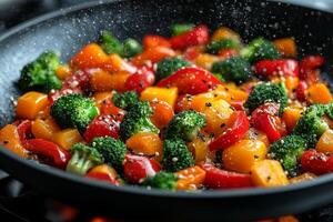 Close up of fresh bell peppers broccoli and carrots being stir fried in wok showcasing vibrant colors and glossy sauce enhances flavor and freshness photo