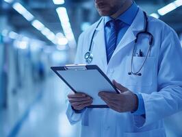 doctor in lab coat stands in blurred medical environment thoughtfully holding clipboard blank sheet preparing for patient assessment or documentation photo
